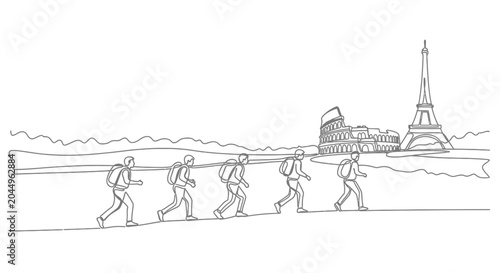 Tableau sur toile Tourists Trekking Past Landmarks: Eiffel Tower and Colosseum Line Art