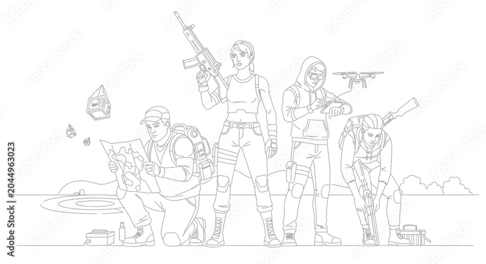 Obraz premium Diverse Group of Adventurers with Weapons and Drone, Ready for Action