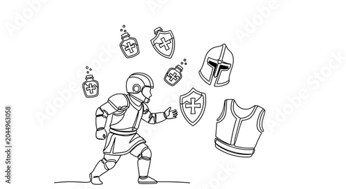 Fotografie Young knight collecting fantasy game items: armor, potions, shields, helmet
