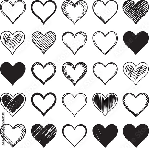 A diverse collection of black outline and solid heart shapes depicting love and emotion