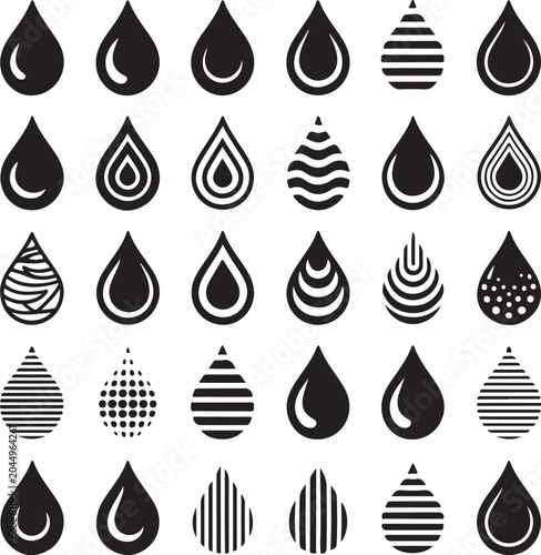 A diverse collection of black water drop icons showcasing various styles and patterns on a clean white background