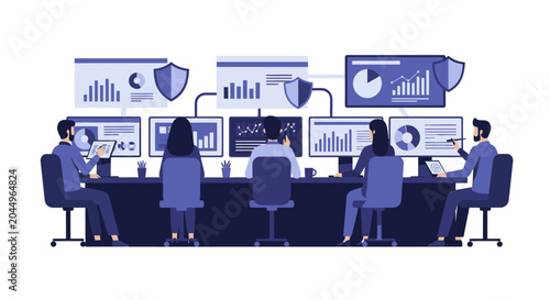 Cyber Security Operations Center Team Monitoring Data and Network Protection Vector Illustration