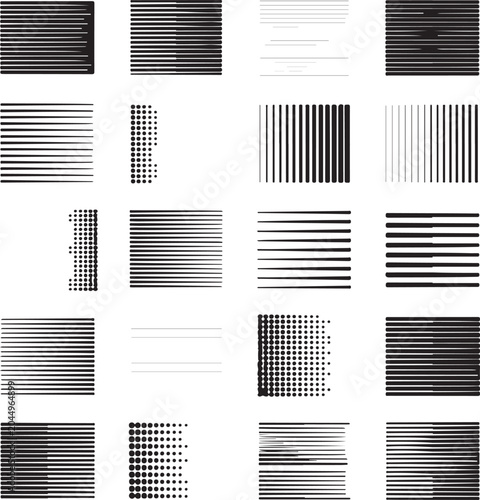 A structured grid showcasing diverse black and white patterns with lines and halftone dots