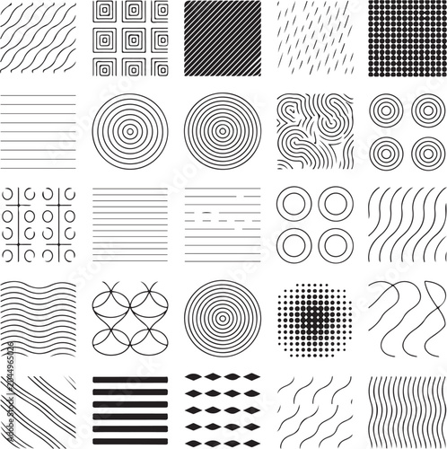 A varied collection of black and white geometric patterns organized neatly in a grid