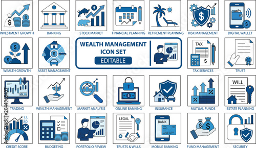 Fotografie Wealth Management Icon Set Vector with Investment Growth, Banking, Stock Market,