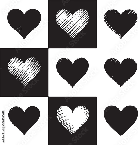 A visual arrangement of nine black and white heart shapes with various shading textures on a grid