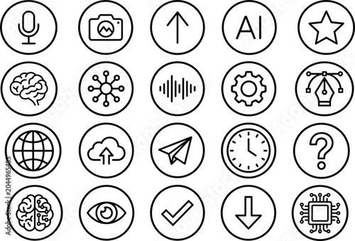 Artificial intelligence and technology outline icons set with AI automation cloud computing and digital innovation