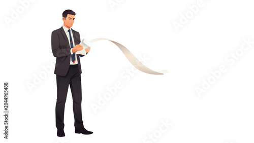 Bild auf Leinwand Businessman holding and unrolling a long white scroll or parchment
