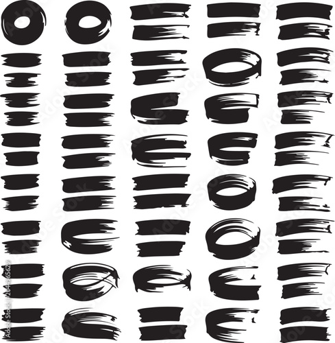 An extensive varied collection of many hand painted black ink brush strokes and shapes on white