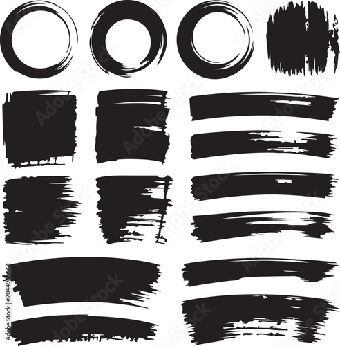 A versatile set of black ink grunge brush strokes and textured circle shapes
