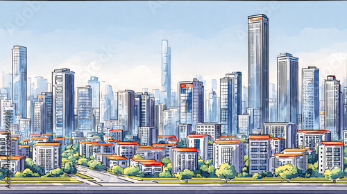 Modern Industrial Cityscape with Skyscrapers and Residential Buildings