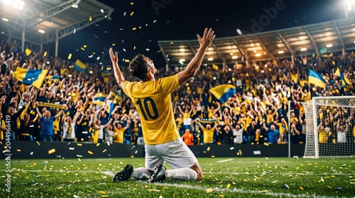 Emotional celebration of victory soccer match triumph at national stadium sports event nighttime spectacular atmosphere