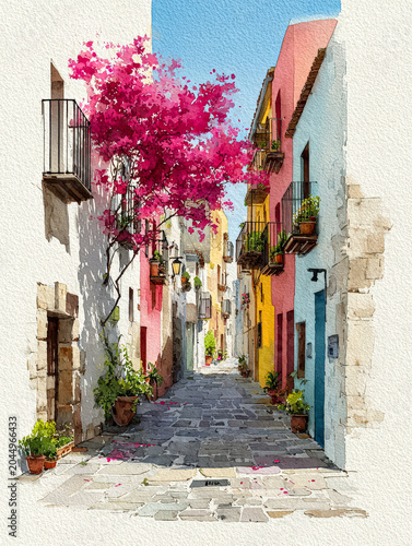 Charming Narrow Spanish Street with Colorful Buildings in Spring