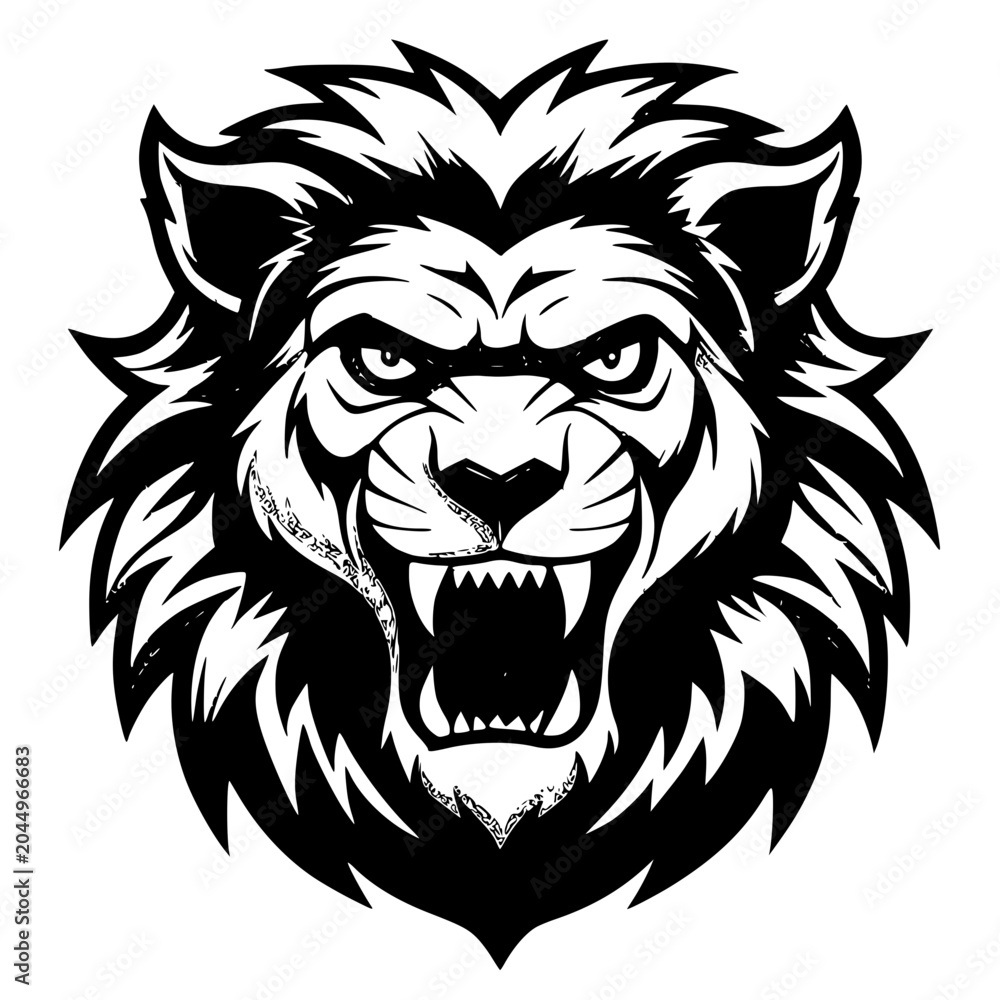 Obraz premium Fierce lion head mascot design with open mouth and sharp teeth, predator