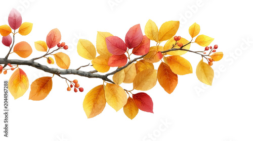 Illustration autumn tree branch, bright orange and yellow leaves on transparent background