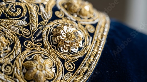 Intricate gold silver embroidery detail traditional blue festival attire, visually capturing cultural heritage san fermín celebration.