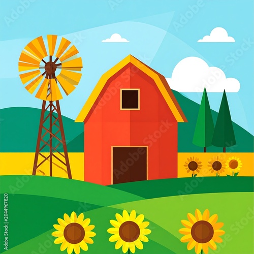 Colorful Red Barn Standing in Sunny Rural Farmland Landscape