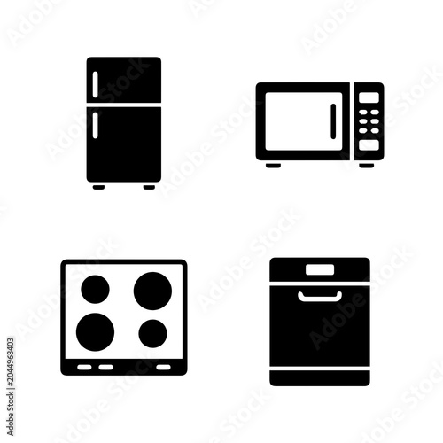 Photos Black silhouette icons depicting a refrigerator microwave stovetop and dishwashe