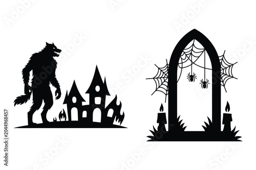 Foto Werewolf beside haunted house and spiderweb archway silhouette with werewolf
