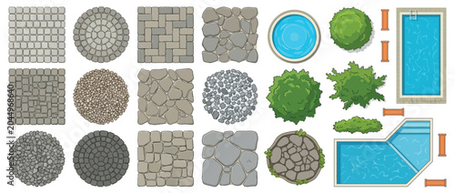 Top Down Flat Vector Landscape Elements Set Featuring Paving, pools trees fountains and paving patterns