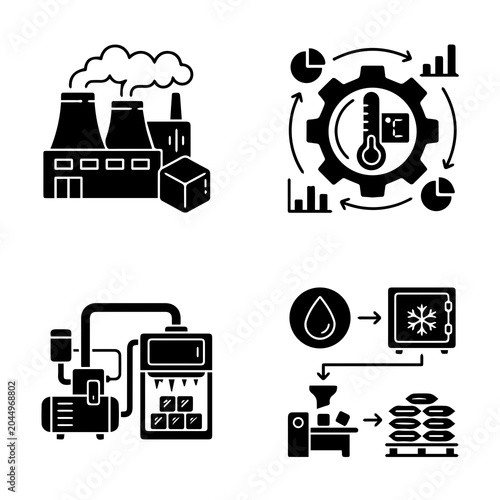 Industrial Facility Icons With Gears Boxes And Processing Equipment In Black Silhouette Style automation white chemical