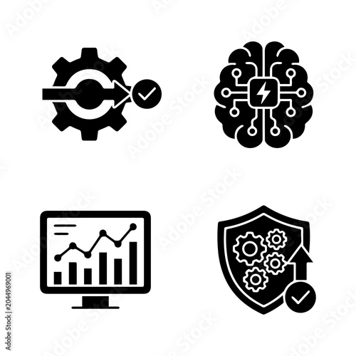 Four Flat Icons Representing Process Intelligence Analytics And Security On A White Background automation brain icon