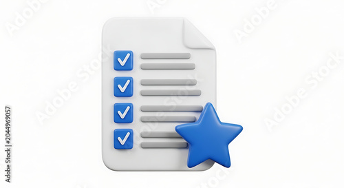 3D checklist document with blue star icon checklist document checkmarks completed business planning management performance verification achievement evaluation feedback
