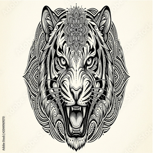 Intricate tiger head detailed tribal art design