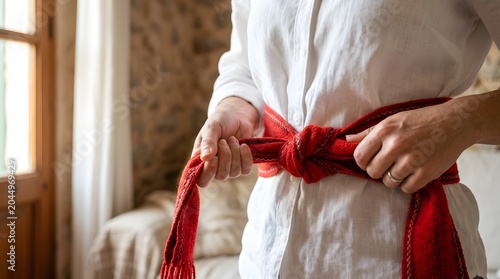 Close-up shot of individual's hands meticulously tying a vibrant red sash as part of traditional san fermín festival attire preparation for cultural celebration.