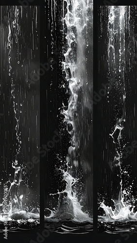 Dynamic White Water Splash Falling in Vertical Streams on Black Background