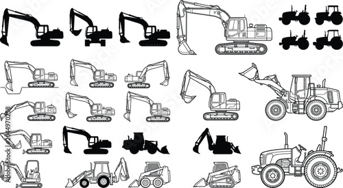 Construction and Agricultural Equipment Silhouette Collection Featuring Excavators, Tractors, Loaders, Skid Steers and Heavy Machinery Icons