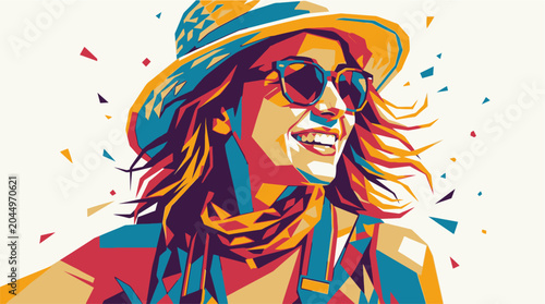 фотографія Woman Wearing Sunglasses and Hat Smiling.