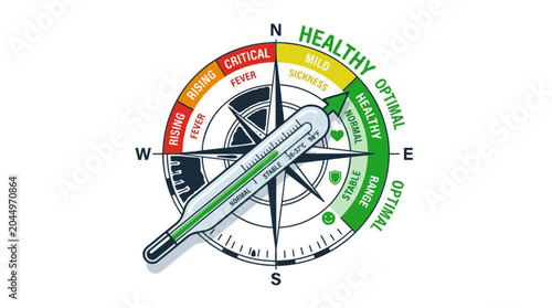 Health thermometer compass showing temperature status from critical fever to optimal health The Concept of the Flu, Influenza, and Winter Infectious Diseases