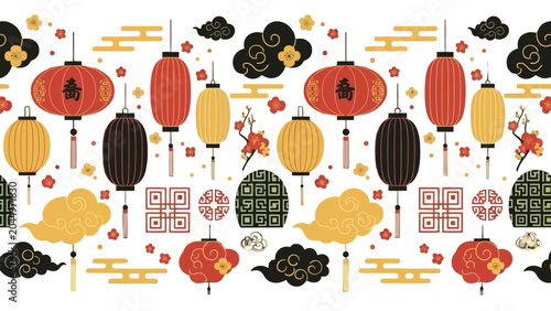 Chinese Lantern Pattern: A vibrant and festive seamless pattern featuring traditional Chinese lanterns in red and yellow, interspersed with decorative clouds and floral motifs.