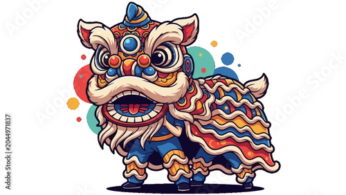 Cuadro en lienzo Lion Dance Celebration: A vibrant and colorful illustration of a traditional lion dance costume, bursting with energy and cultural festivity, ready to bring good fortune and joy