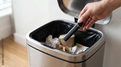 Hand throwing trash in modern kitchen, Electronic cigarette being disposed in trash  