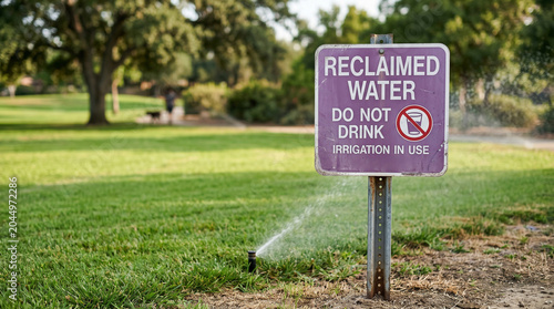 Reclaimed water irrigation sign posted on grassy park landscape  