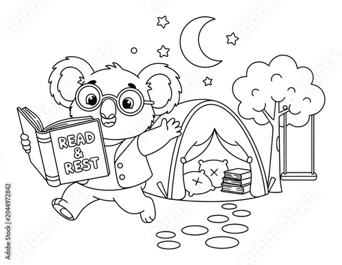 Photography Cute koala coloring page reading a book at night near a camping tent with moon a
