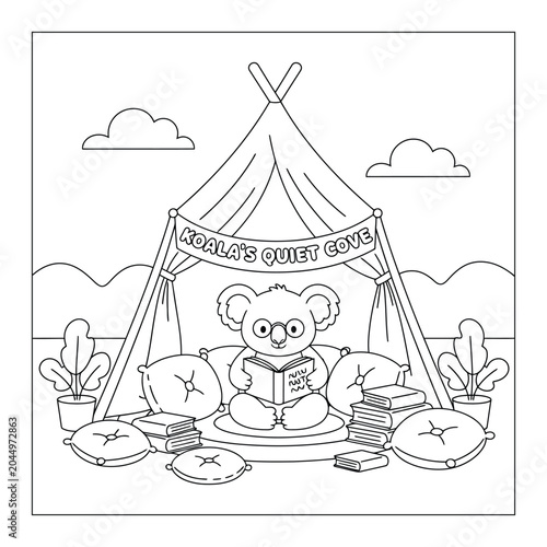 Photography Cute koala coloring page reading inside a quiet cove teepee tent with cushions a