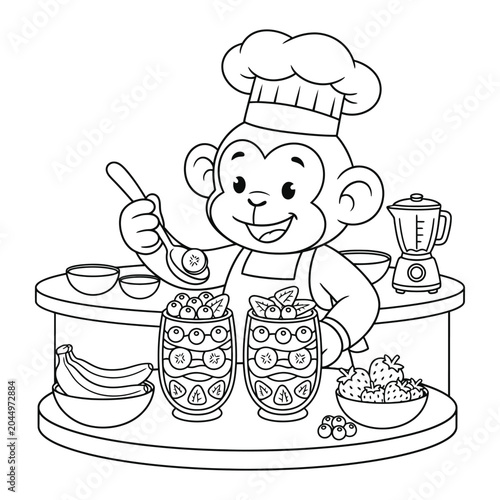 Photography Cute monkey coloring page as a chef making fruit smoothies with bananas strawber