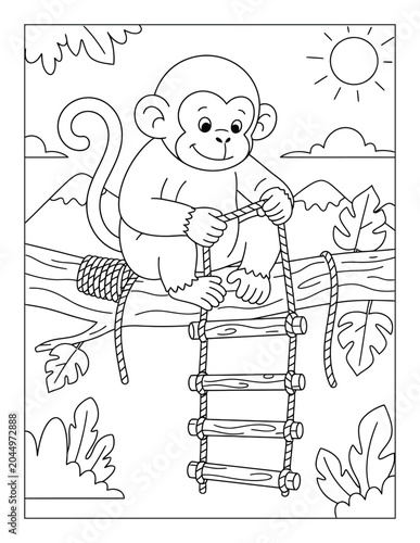 Photography Cute monkey coloring page sitting on a rope ladder in the jungle with tropical l