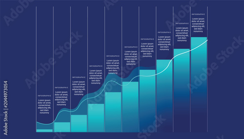 blue business infographic with rising bar chart, line graph, text blocks, and data grid.