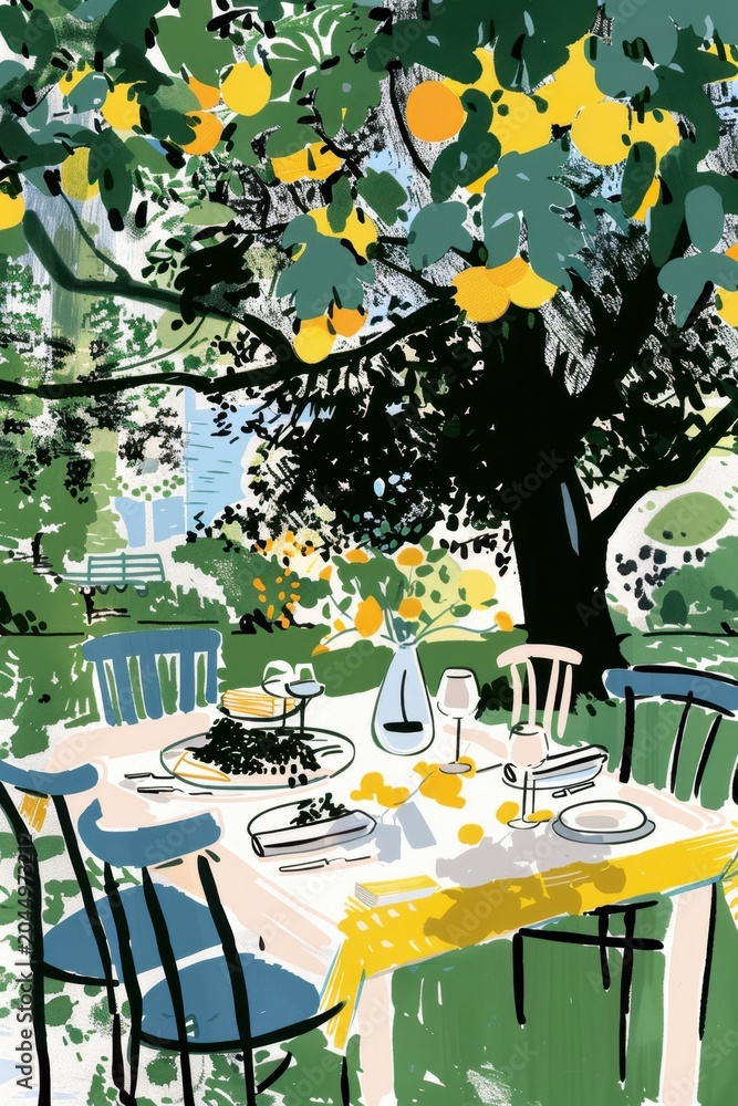 Obraz premium A modern, artisan illustration capturing a joyful summer dinner party.