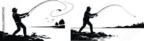 Black and white silhouette illustration of a man fishing by the lakeside with fisherman, silhouette