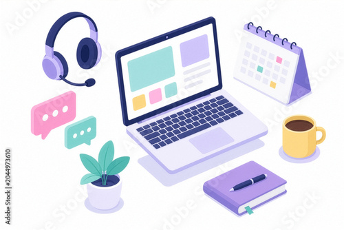 Remote work setup with laptop, headphones, coffee, and productivity tools on pastel desk