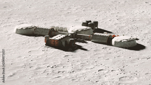 Moon Base Lunar Habitat Futuristic Outpost Modular Habitats Extraterrestrial Base Vast Lunar Landscape Starry Sky Sci Fi Space Exploration Dramatic Lighting 3d illustration