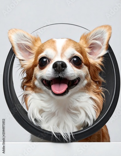 Happy Long Haired Chihuahua Wearing Protective Cone in Studio Setting