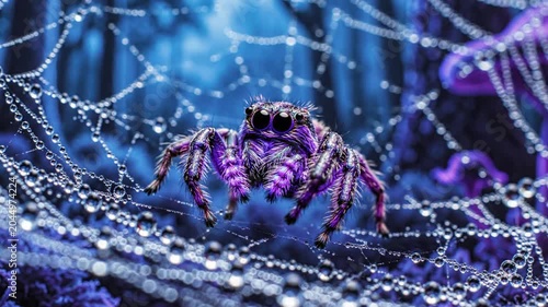 Macro view of a purple jumping spider with large black eyes resting on an intricate spider web covered in water droplets in a dark blue forest with a purple mushroom in background.