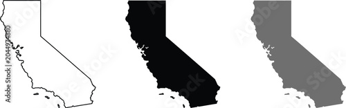 California, state map, icons set, black outline and filled silhouette map graphics representing USA state geography for infographic and design projects.