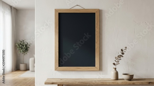 Elegant Minimalist Interior Mockup Featuring A Large Wooden Frame Styled In A Bright Japandi Living Room